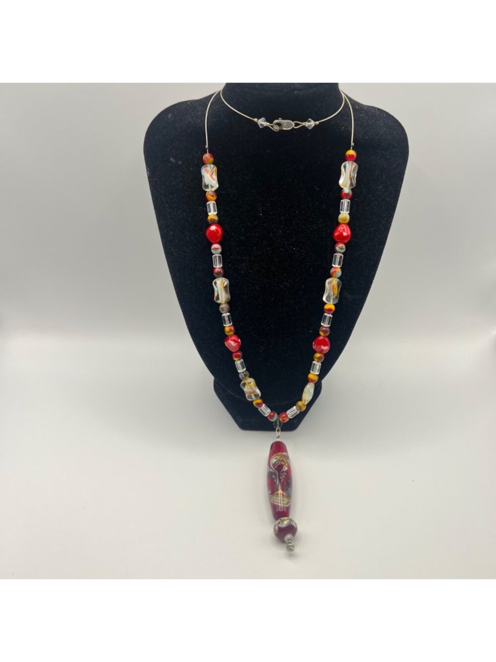 Handmade Necklace Lampwork Glass Sterling Silver Floating Cord 2" Cherry Red 26"